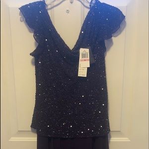 New JKARA Plum Floor Length V-neck Beaded Dress